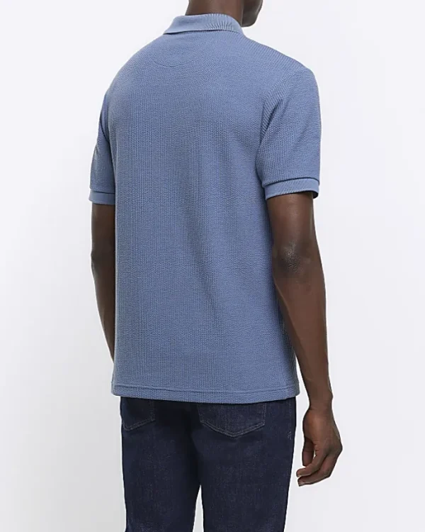 Blue Regular Fit Textured Zip Neck Polo