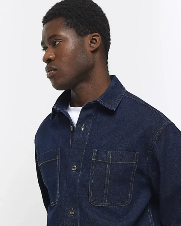 Blue regular fit utility denim shirt