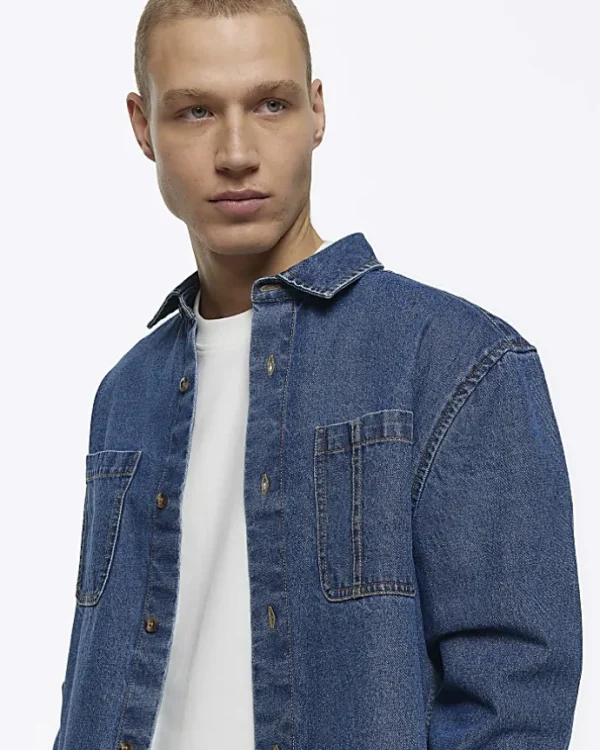 Blue regular fit utility denim shirt