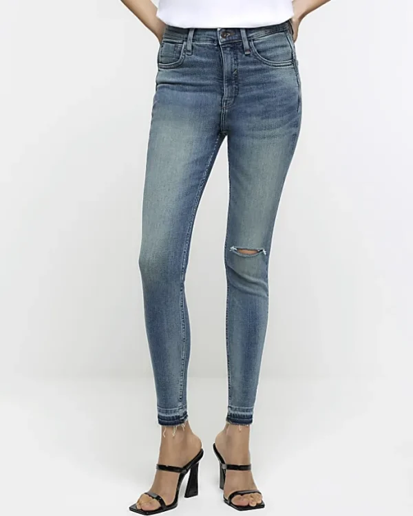 Blue ripped high waisted super skinny jeans