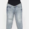 Blue ripped mid rise maternity mom jeans