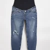 Blue ripped mid rise maternity mom jeans