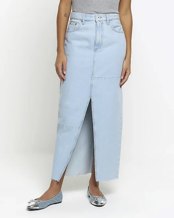 Blue seamed denim maxi skirt