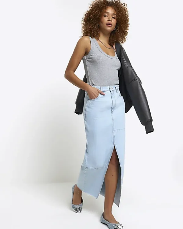 Blue seamed denim maxi skirt