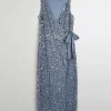 Blue Sequin Wrap Midi Dress