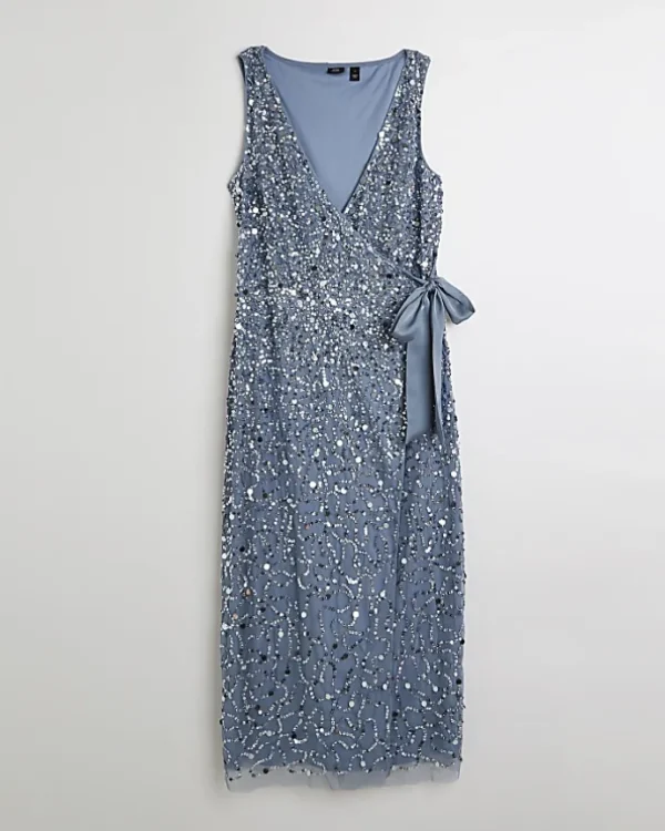 Blue Sequin Wrap Midi Dress