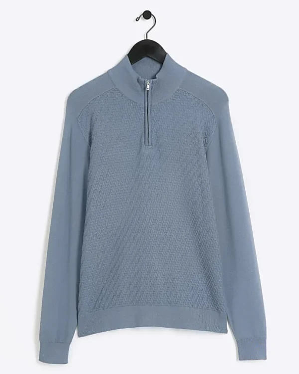 Blue slim fit diagonal stitch half zip jumper