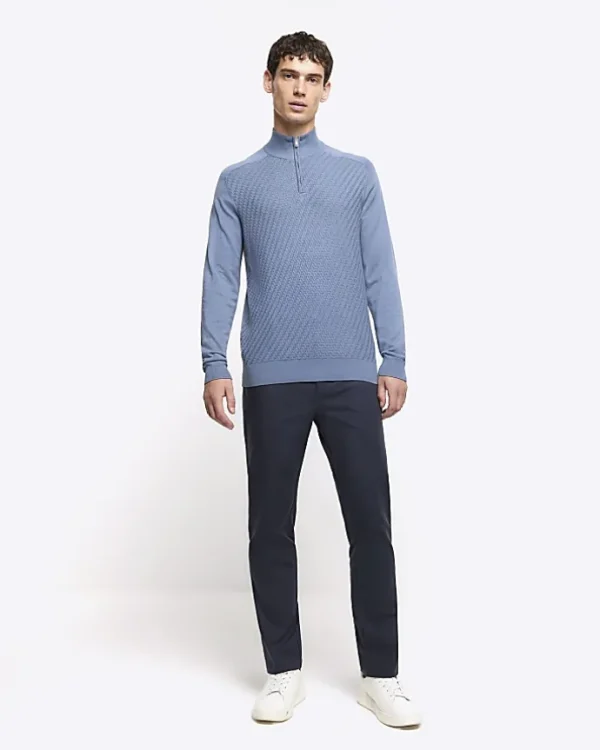 Blue slim fit diagonal stitch half zip jumper