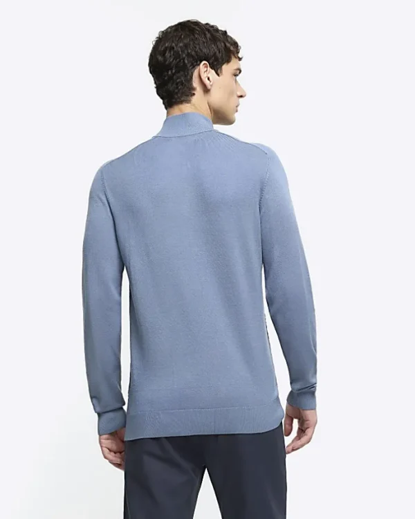 Blue slim fit diagonal stitch half zip jumper