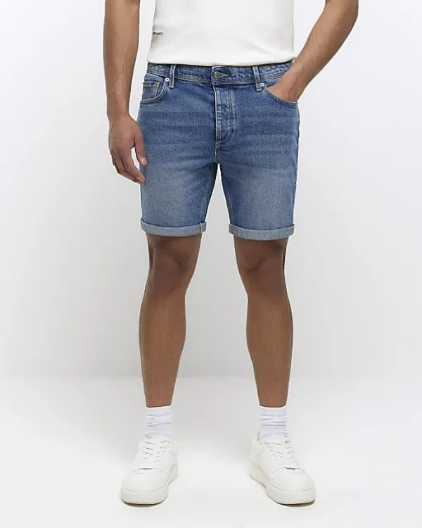 Blue slim fit faded denim shorts