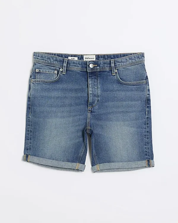 Blue slim fit faded denim shorts