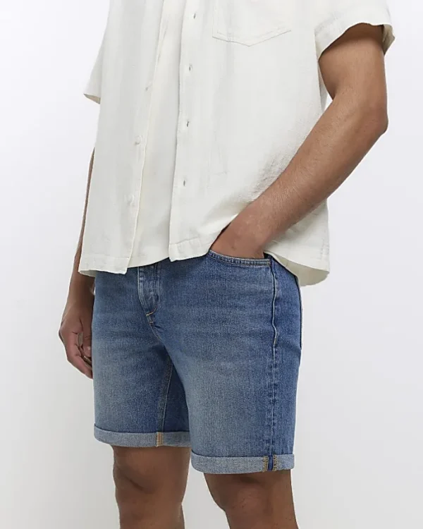 Blue slim fit faded denim shorts