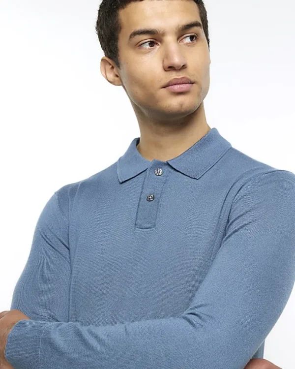 Blue slim fit knitted long sleeve polo