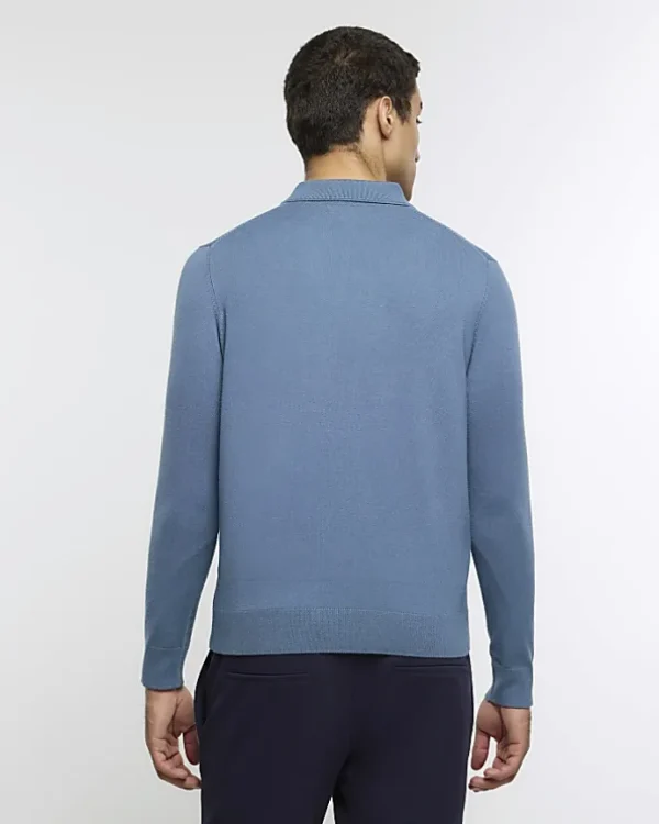 Blue slim fit knitted long sleeve polo