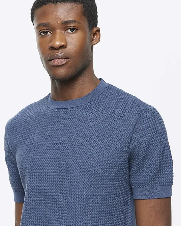 Blue slim fit textured knit t-shirt