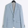 Blue slim fit textured suit jacket