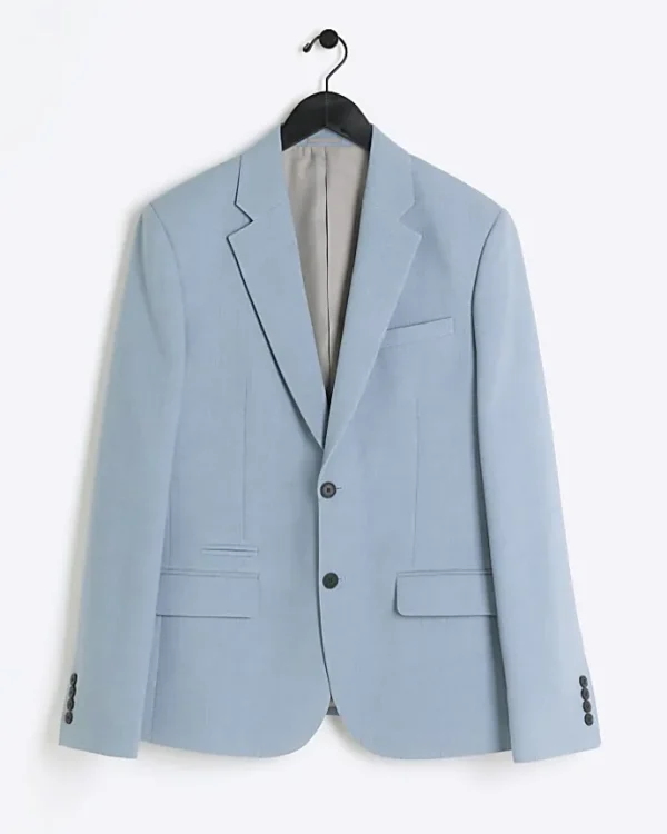 Blue slim fit textured suit jacket