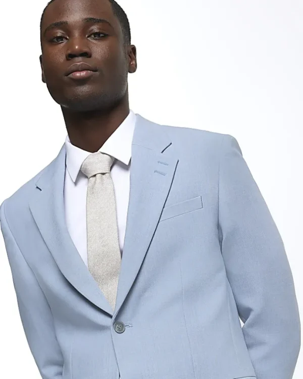 Blue slim fit textured suit jacket