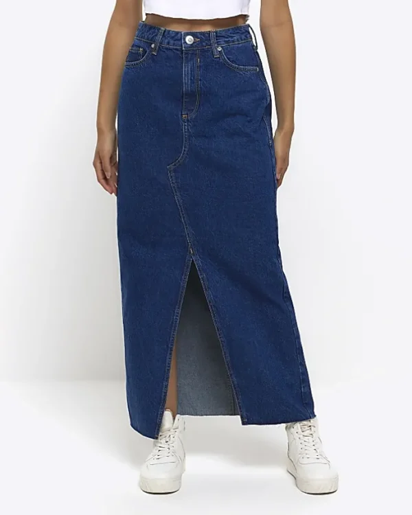 Blue split hem denim maxi skirt