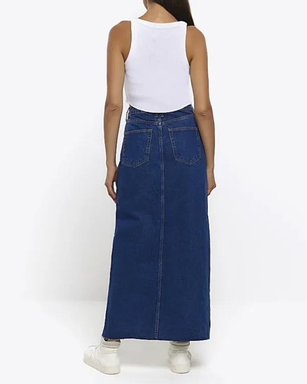 Blue split hem denim maxi skirt