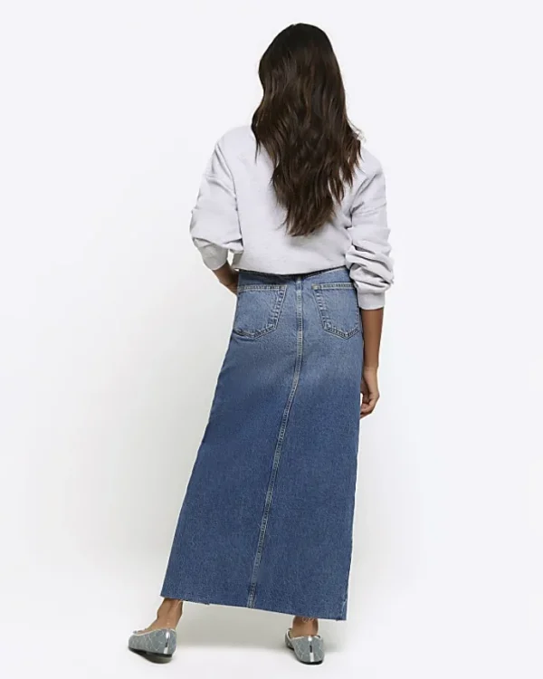 Blue split hem denim maxi skirt