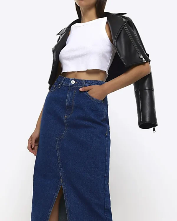 Blue split hem denim maxi skirt