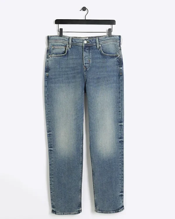 Blue straight fit faded jeans