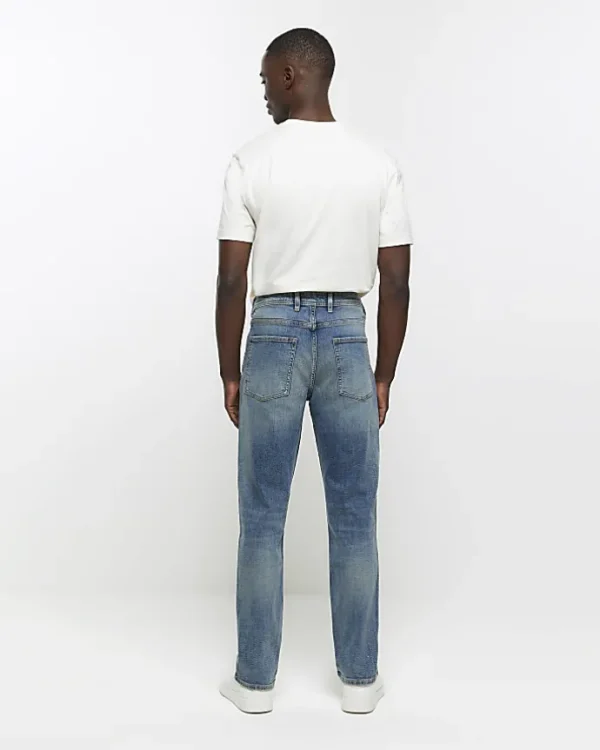 Blue straight fit faded jeans