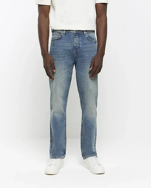 Blue straight fit faded jeans