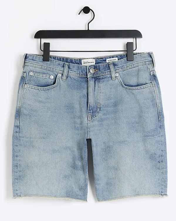 Blue straight fit raw hem denim shorts