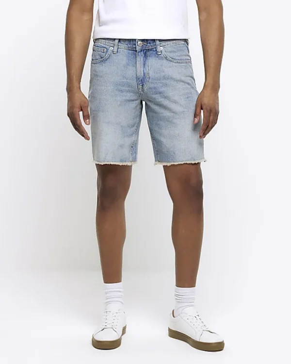 Blue straight fit raw hem denim shorts