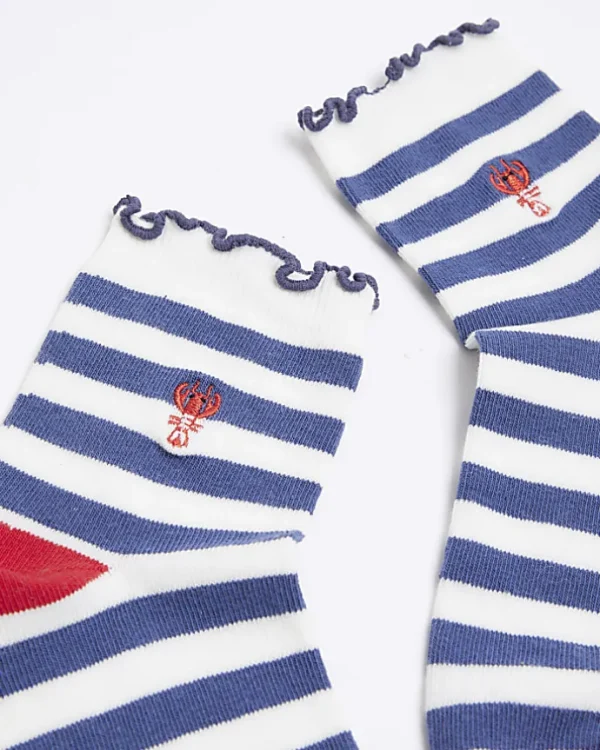 Blue stripe embroidered ankle socks