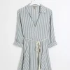 Blue stripe tie waist mini shirt dress