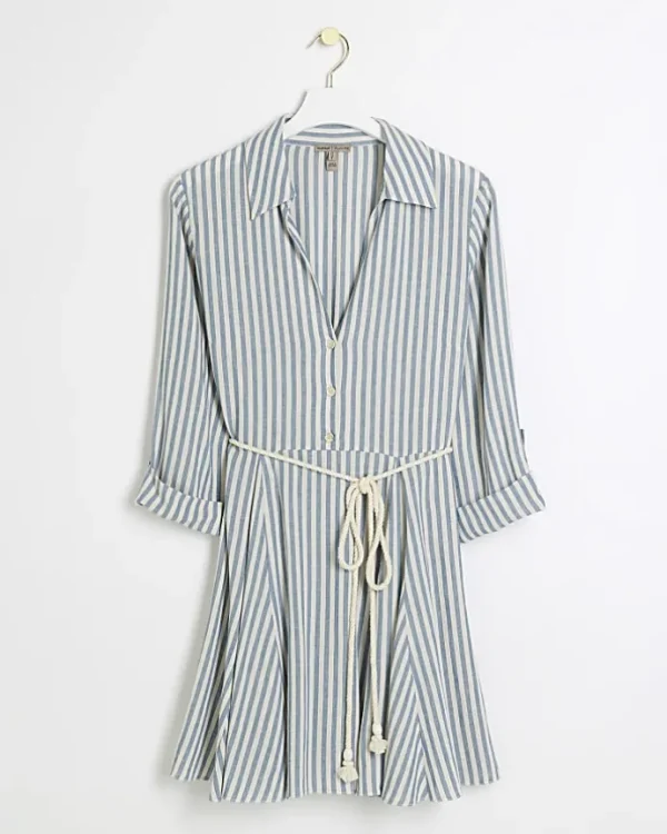 Blue stripe tie waist mini shirt dress