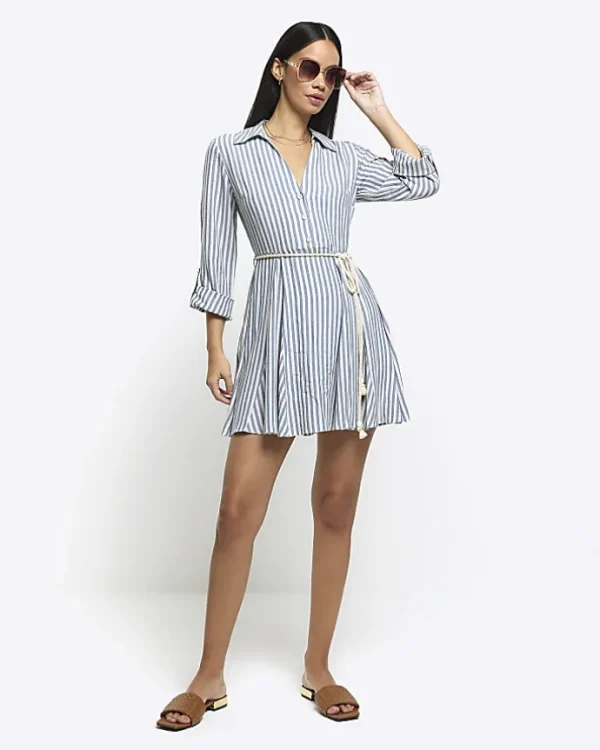 Blue stripe tie waist mini shirt dress