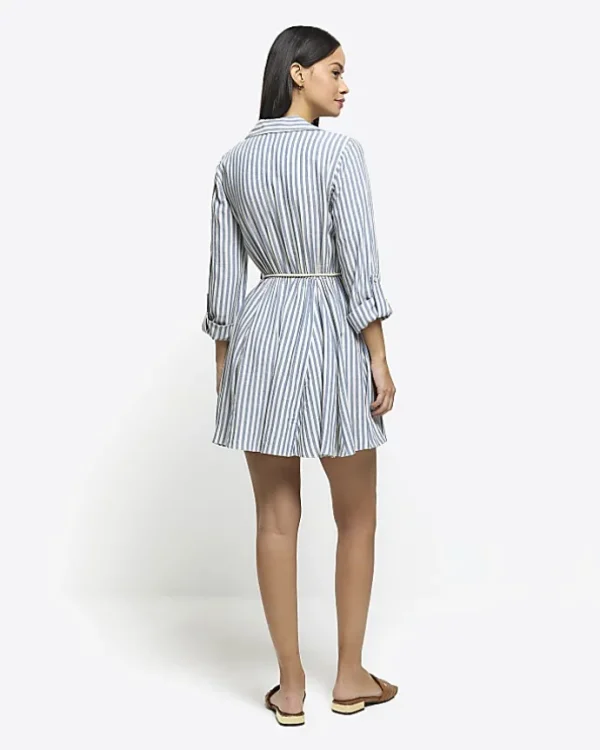 Blue stripe tie waist mini shirt dress