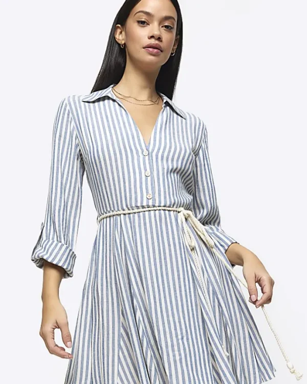 Blue stripe tie waist mini shirt dress