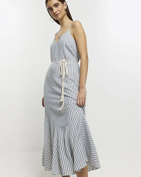 Blue stripe tie waist slip midi dress