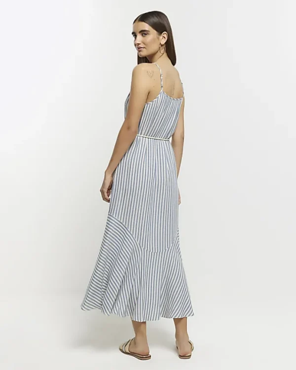 Blue stripe tie waist slip midi dress