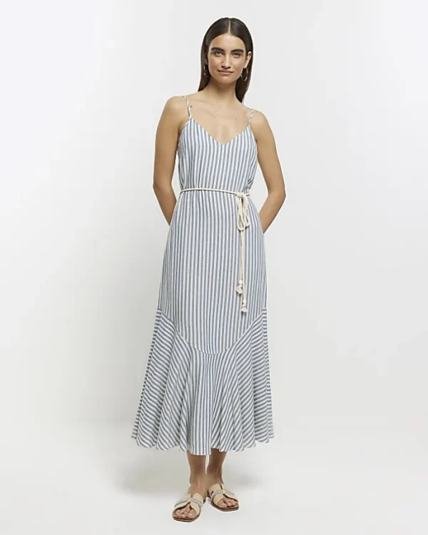 Blue stripe tie waist slip midi dress