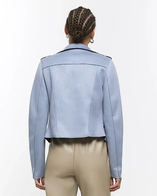 Blue suedette crop biker jacket