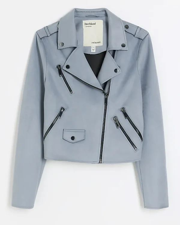 Blue suedette crop biker jacket