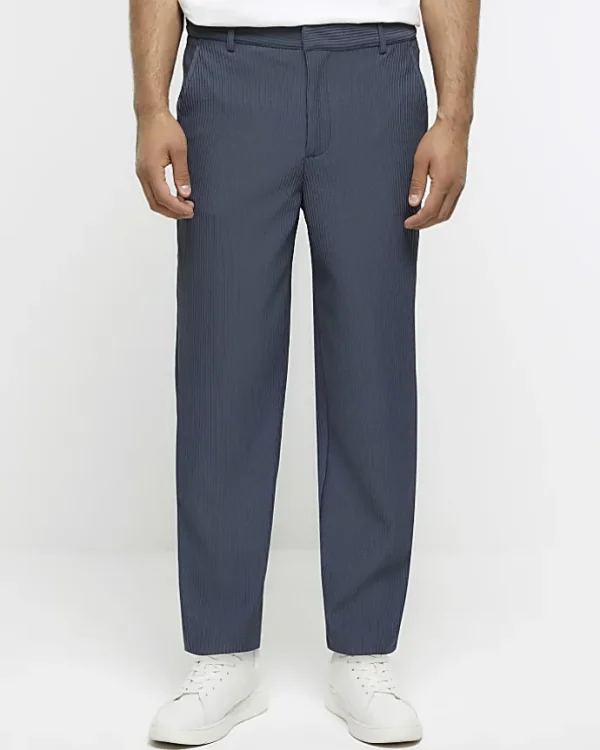 Blue tapered fit plisse smart trousers