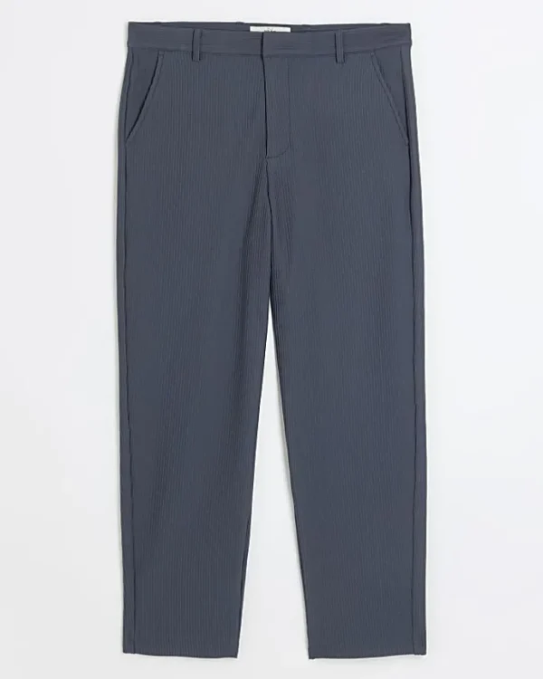 Blue tapered fit plisse smart trousers