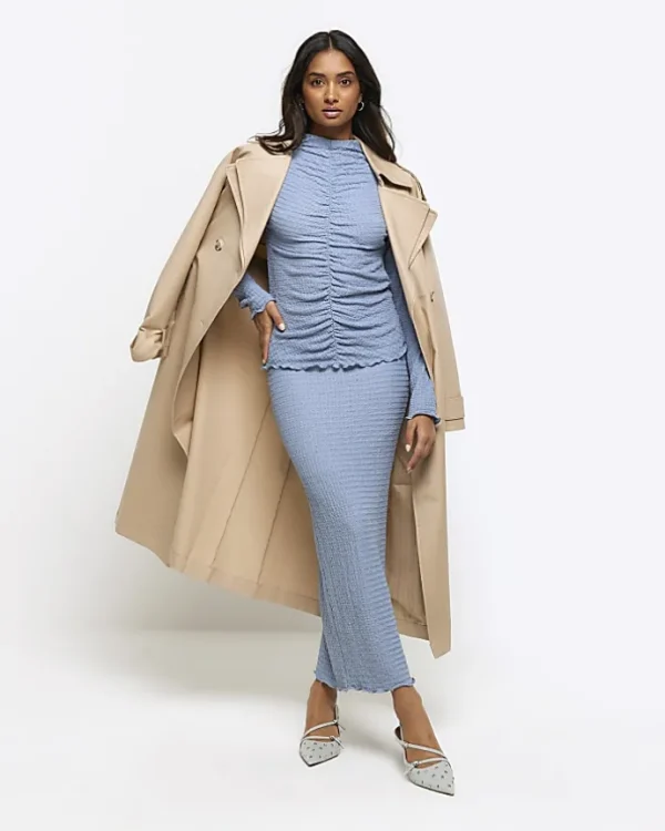 Blue textured ruched long sleeve top