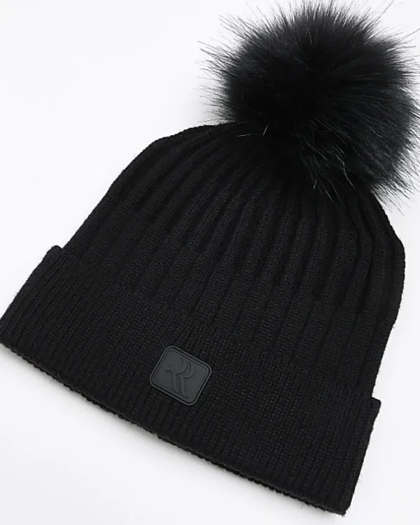 Boys Black Pom Pom Beanie Hat