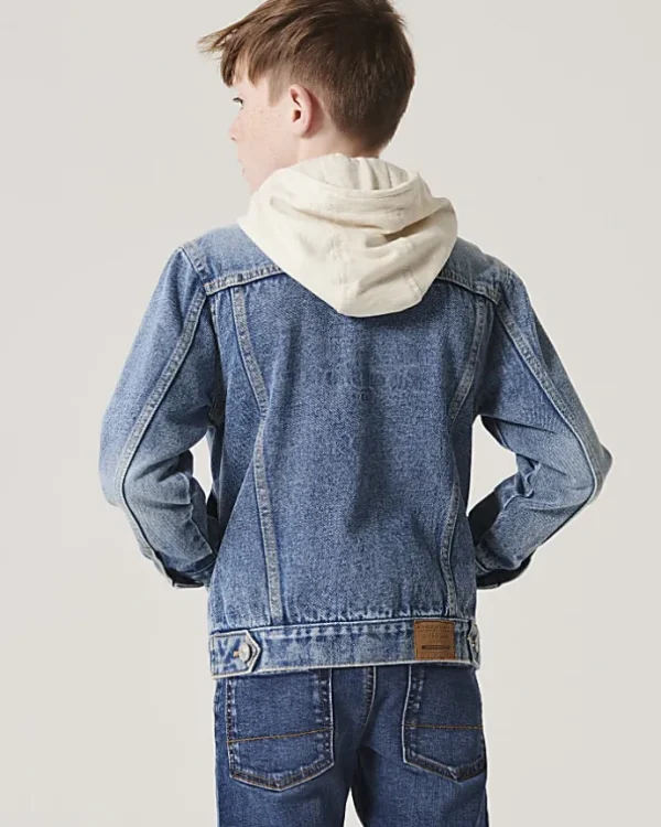 Boys blue hooded denim trucker jacket