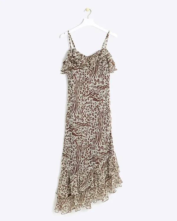 Brown animal print frill slip maxi dress