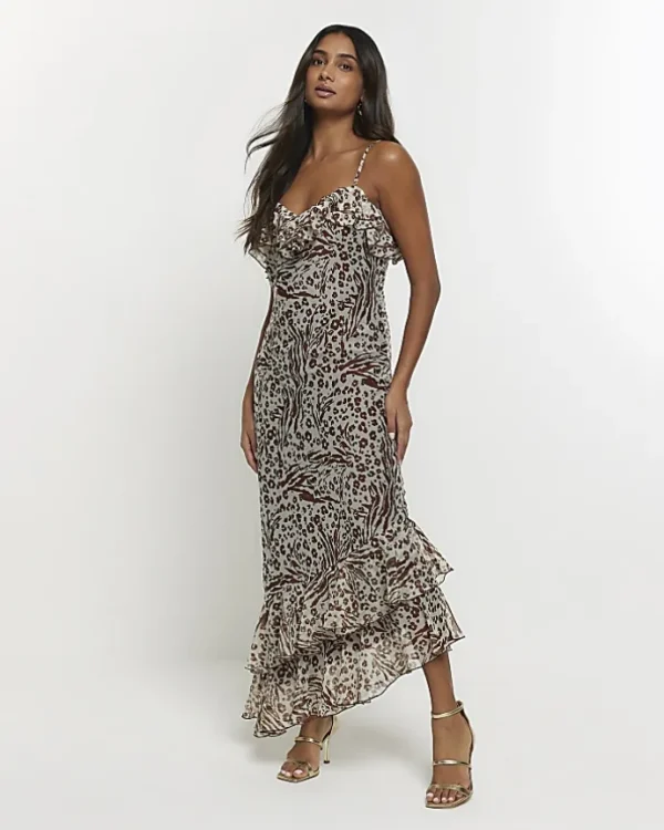 Brown animal print frill slip maxi dress