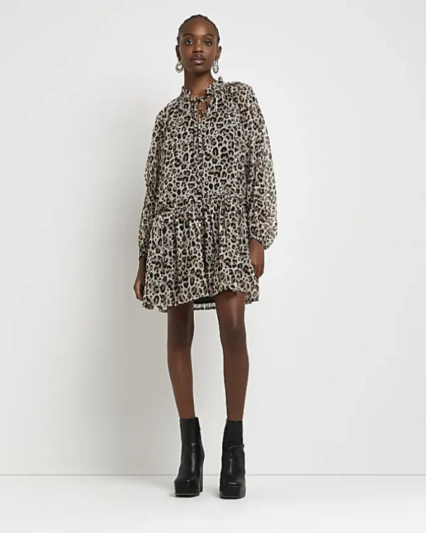 Brown animal print smock mini dress